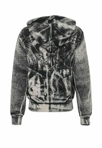 Hooded sweatshirt in black and white with a textured design, featuring swirling patterns and handwritten text across the fabric.