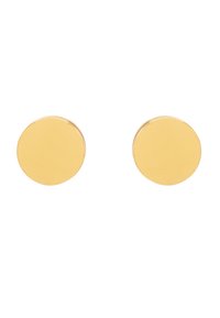 Orecchini rotondi in oro con una superficie liscia e lucida. Design semplice, profilo piatto e costruzione leggera. Stile versatile e minimalista.