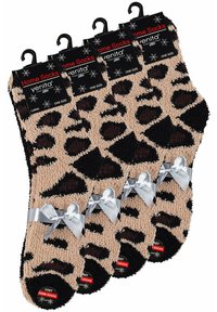 Calze da casa accoglienti con motivo leopardato, realizzate in tessuto morbido nei colori nero e beige, con fiocchi argentati come dettagli distintivi.