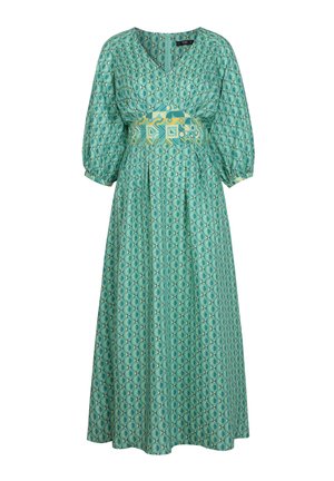 Turquoise long dress with a patterned design. Features a V-neck, puff sleeves, and a contrasting yellow band at the waist.