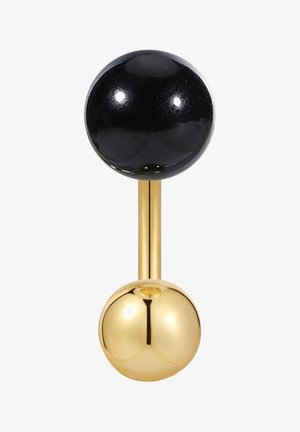 Melna sfērveida virsma ar spīdumu, pielikta pie zelta metāla kāta un apakšējās sfēras, ar gludu tekstūru un atstarojuma detaļām.