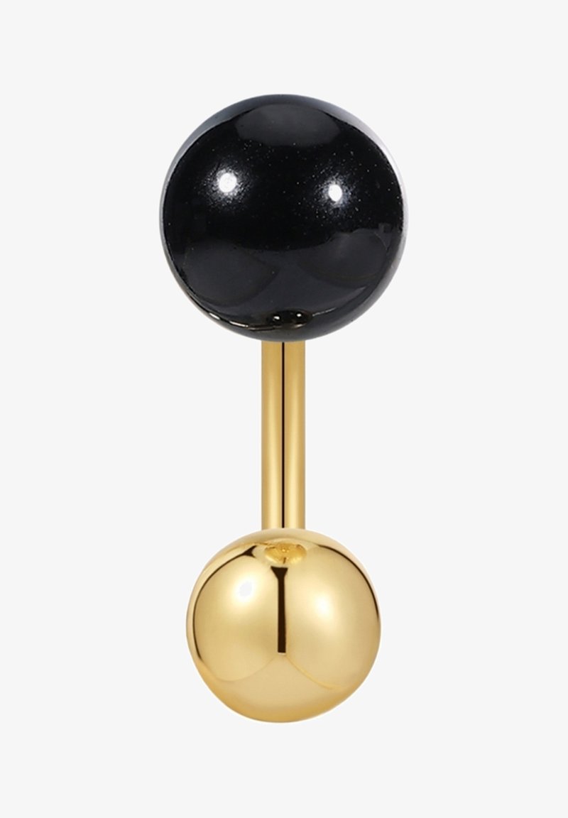 Musta pallomainen yläosa, jossa on kiiltoa, kiinnitetty kultaisella metallivarrella ja alaöpöineen, jonka pinnassa on sileä rakenne ja heijastavia yksityiskohtia.