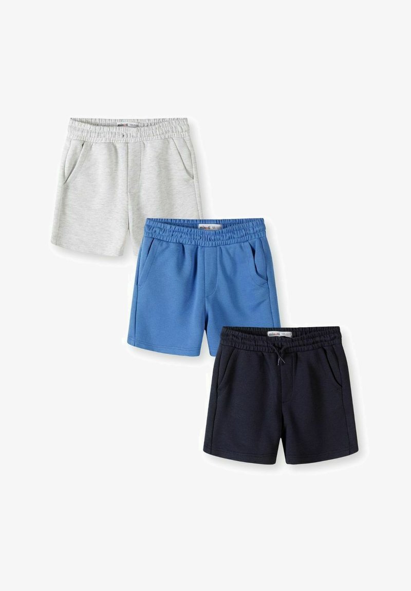 Trois paires de shorts à taille élastique en gris clair, bleu et noir, chacun avec des poches latérales et une étiquette de marque sur la ceinture.