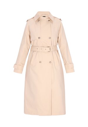 Gombos, kétsoros, sima anyagból készült bézs trench coat, nagy gombokkal és derékon elölcsatolt övvel. Karkivágással rendelkezik.