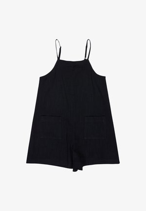 Combinaison noire sans manches avec bretelles fines réglables et deux poches plaquées à l'avant, posée à plat sur un fond blanc.