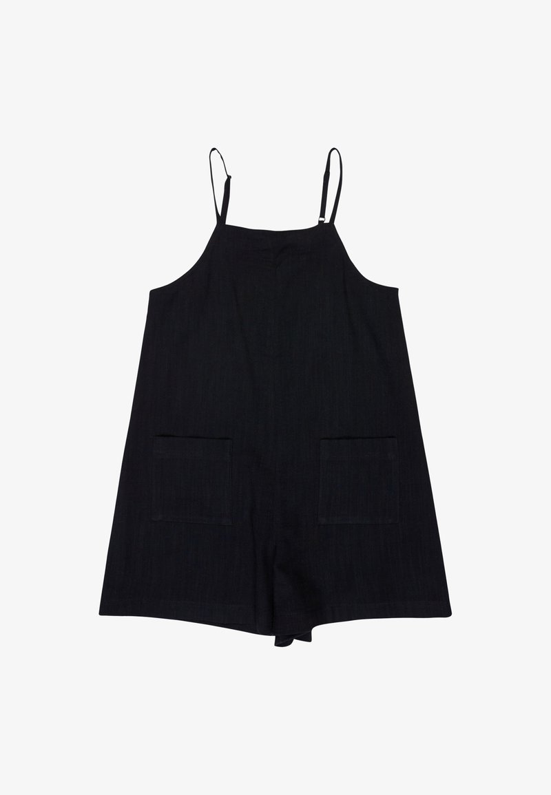 Czarny bezrękawnik z regulowanymi cienkimi ramiączkami i dwoma naszywanymi kieszeniami z przodu, rozłożony na płasko na białym tle.