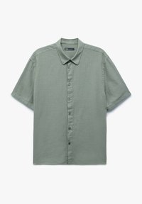 Korte mouw geknoopte shirt in gedempt groen, gemaakt van lichte stof, met een knoopsluiting aan de voorkant met grijze knopen en een ontspannen pasvorm.
