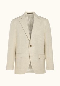 Lichtbeige linnen blazer met een enkele knoopsluiting, ingesneden revers, twee voorzakken en een gladde binnenvoering.