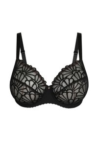 Sostén negro con copas de encaje transparente con patrones florales, soporte de aros, tirantes ajustables y un pequeño acento metálico en el centro.