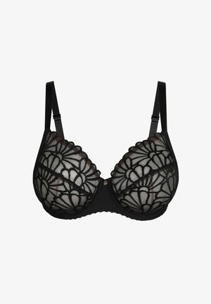 Zwarte bh met doorschijnende kanten cups met bloemmotieven, beugels voor ondersteuning, verstelbare bandjes en een kleine metalen accent in het midden.