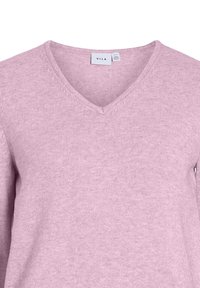 Maglione a V in rosa chiaro, realizzato in morbido materiale di maglia, con scollo a costine e maniche lunghe dalla superficie liscia.