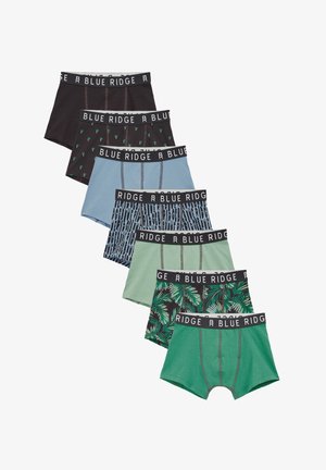 Conjunto de siete pares de calzoncillos tipo bóxer en varios colores: negro, azul, verde y con estampado. Cada uno presenta una amplia cinturilla elástica de marca.