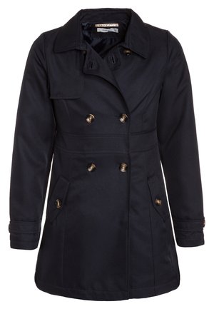 Trench-coat noir croisé à six boutons, col large, deux poches à rabat devant et manches longues.