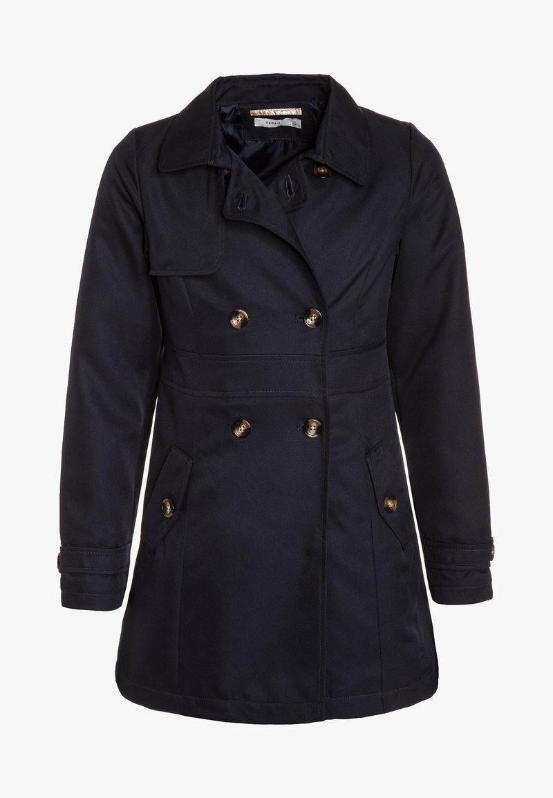 Trench-coat noir croisé à six boutons, col large, deux poches à rabat devant et manches longues.