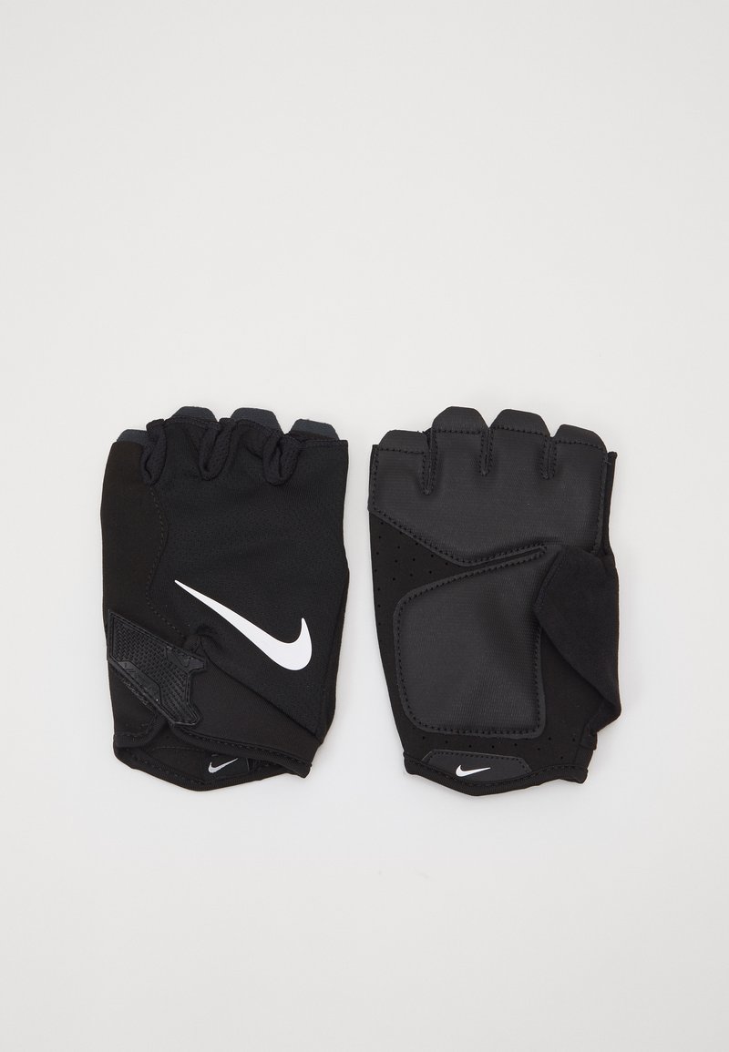 Black fingerless gloves with a textured material, padded palms, and white Nike swoosh logo. Features adjustable wrist straps and perforated design.