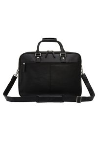 Schwarze Leder-Laptoptasche mit doppelten Obergriffen, verstellbarem Schultergurt und vorderer Reißverschlusstasche. Glatte Textur mit silbernen Hardware-Elementen.