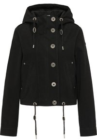Schwarze cropped Jacke mit Kapuze, silberfarbener Hardware, vorderem Knopfverschluss, verstellbaren Kordeln und seitlichen Taschen. Glatte Textur.