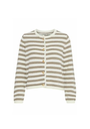Striped cardigan in beige and cream, featuring a round neckline, long sleeves, and gold buttons down the front. Soft knit texture.
