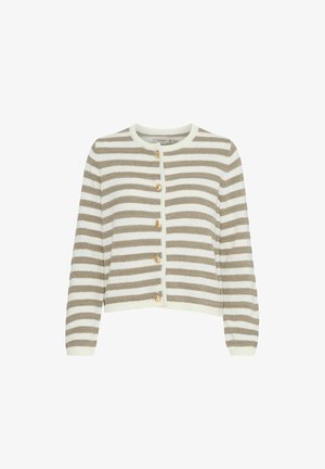 Gestreepte cardigan in beige en crème, met een ronde hals, lange mouwen en gouden knopen aan de voorkant. Zachte gebreide textuur.