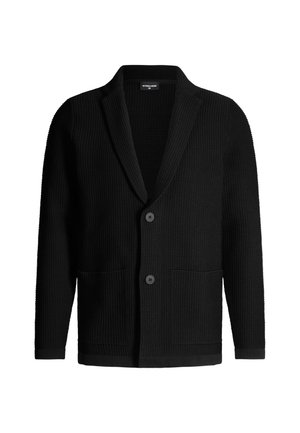 Cardigan nero a maglia con colletto a scialle, due tasche anteriori e tre bottoni, caratterizzato da una superficie texturizzata e un colore solido.