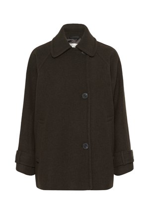 Manteau en mélange de laine marron avec un col, des boutons à l'avant, des poches latérales et des poignets retroussés ; présente un design ample et carré.