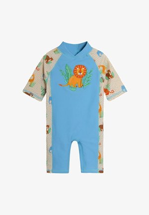 Zils īsām piedurknēm tīkls ar izšūtu lauvu, ar gaiši bežām piedurknēm, kas rotātas ar dzīvnieku un lapu rakstiem.