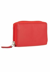 Red leather wallet with a zip closure, rectangular shape, smooth texture, featuring a small leather pull tab and embossed brand logo.