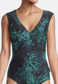 Maillot de bain noir avec un col en V, orné d'un motif floral teal, à manches courtes et d'une texture lisse et ajustée tout au long.