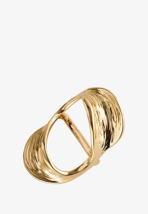 Shiny gold-tone metal belt buckle with a curved, textured design and a central bar for fastening.