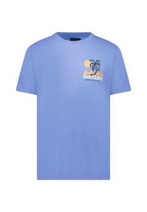 Lichtblauw katoenen T-shirt met een ronde hals, korte mouwen, met een grafisch ontwerp van een palmboom en zon in geel en groen.