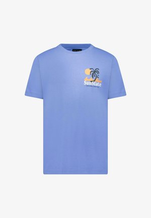 Lichtblauw katoenen T-shirt met een ronde hals, korte mouwen, met een grafisch ontwerp van een palmboom en zon in geel en groen.