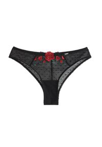 Sorte gennemsigtige mesh bikini-trusser med små polka dots og røde broderede roser langs den forreste talje.