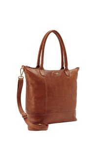 Bolso tote de cuero marrón con dos asas, herrajes en tono dorado, cierre de cremallera y correa desmontable. Textura suave con un ligero brillo.