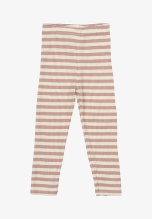 Ružové a krémové pruhované legíny vyrobené z rebrovanej tkaniny, s elastickým pásom a priliehavým strihom, bez nápadného hardvéru alebo akcentov.