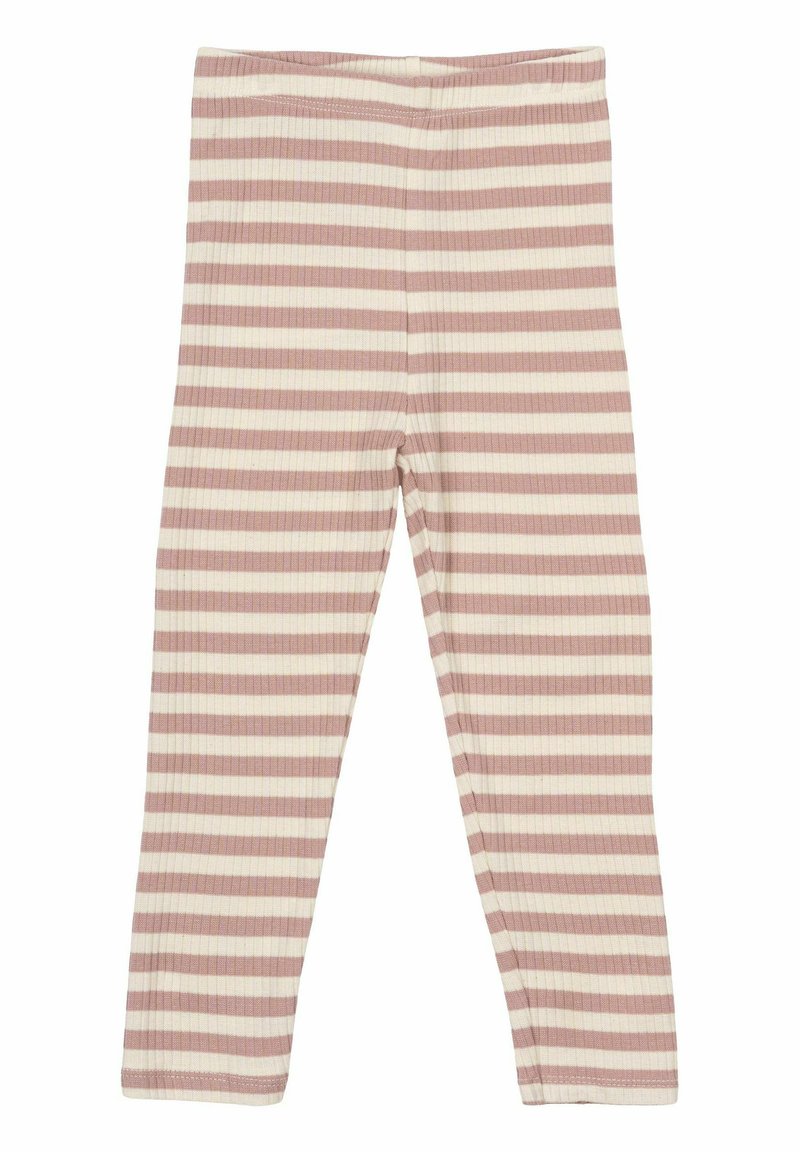 Rosa och krämrandiga leggings tillverkade av ribbad tyg, med elastisk midja och en åtsittande design, inga framträdande detaljer eller accenter.