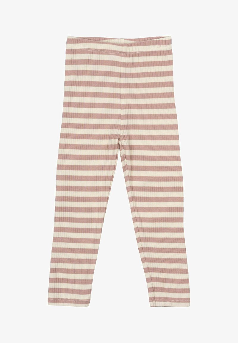 Rózsaszín és krémszínű csíkos leggingsek bordázott anyagból, elasztikus derékkal és testhez simuló fazonnal, figyelemre méltó fémalkatrészek vagy díszítések nélkül.