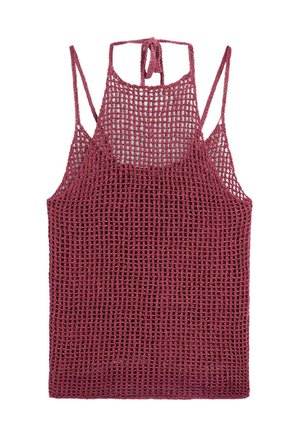 Haut bordeaux à maille ajourée sans manches avec de fines bretelles et une fermeture à nouer à l'arrière du cou.