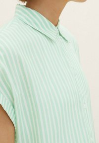 Light green and white striped shirt, short sleeves, buttoned collar, linen-like texture, with a smooth finish and subtle sheen.