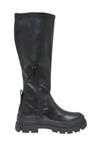 Botte haute en cuir noir avec fermeture éclair latérale et semelle épaisse à crampons, conçue pour un style robuste et une durabilité.