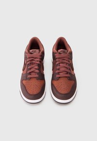 Hnědé tenisky Nike s hladkým a perforovaným povrchem, s šněrováním, polstrovaným límcem a kontrastní bílou mezipodešví.