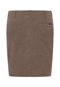 Jupe en coton marron au design droit, avec deux poches arrière et une petite étiquette de marque. Elle comporte des passants de ceinture et un ourlet soigné.