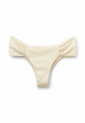 Bikinibroekje in roomkleur met brede zijpanelen, geplooide details en een V-vormige voorkant. Gemaakt van zacht, rekbaar materiaal.