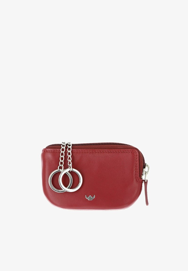 Petite pochette à monnaie rouge en cuir avec fermeture éclair et deux porte-clés argentés attachés par de courtes chaînes.
