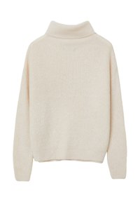 Maglione a collo alto ribbed di un beige chiaro, con una vestibilità comoda. Tessuto morbido, maniche lunghe e orlo leggermente corto. Nessun abbellimento visibile.