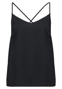 Zwarte cami-top met een V-hals, dunne bandjes en kruislings detail aan de achterkant. Gemaakt van soepele stof, met een vloeiende silhouette.