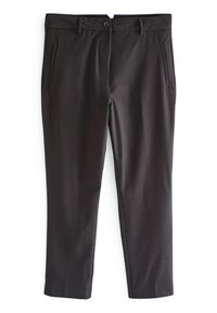 Pantaloni neri con una texture liscia e fine, dotati di chiusura a bottone, tasche laterali e design a gamba dritta senza modelli visibili.