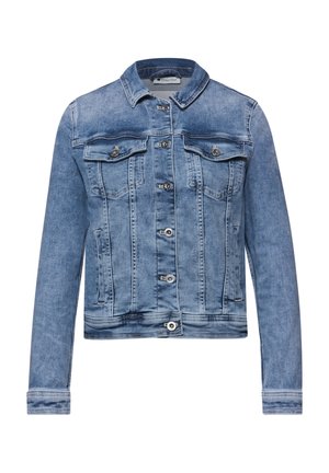 Veste en denim bleu clair à manches longues, fermeture à boutons sur le devant, deux poches poitrine à rabat et poches latérales, avec un col classique.