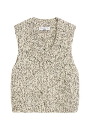 Sleeveless knit vest in a light gray and cream marled pattern. Features a wide, rounded neckline and a relaxed fit. Soft, textured fabric.