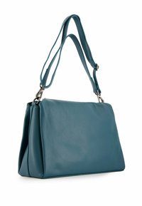 Turquoise leren handtas met een gladde textuur, een rechthoekige vorm en een afneembare schouderriem. Voorzien van zilverkleurige hardware accenten.