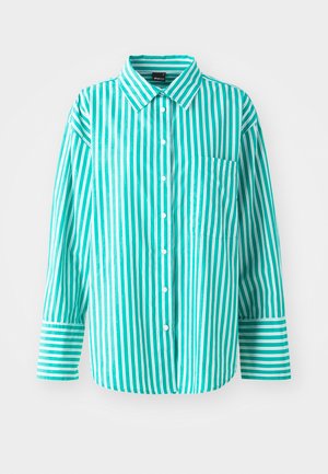 Turquoise striped button-up shirt with long sleeves and a chest pocket. Features vertical stripes of varying widths and a classic collar.